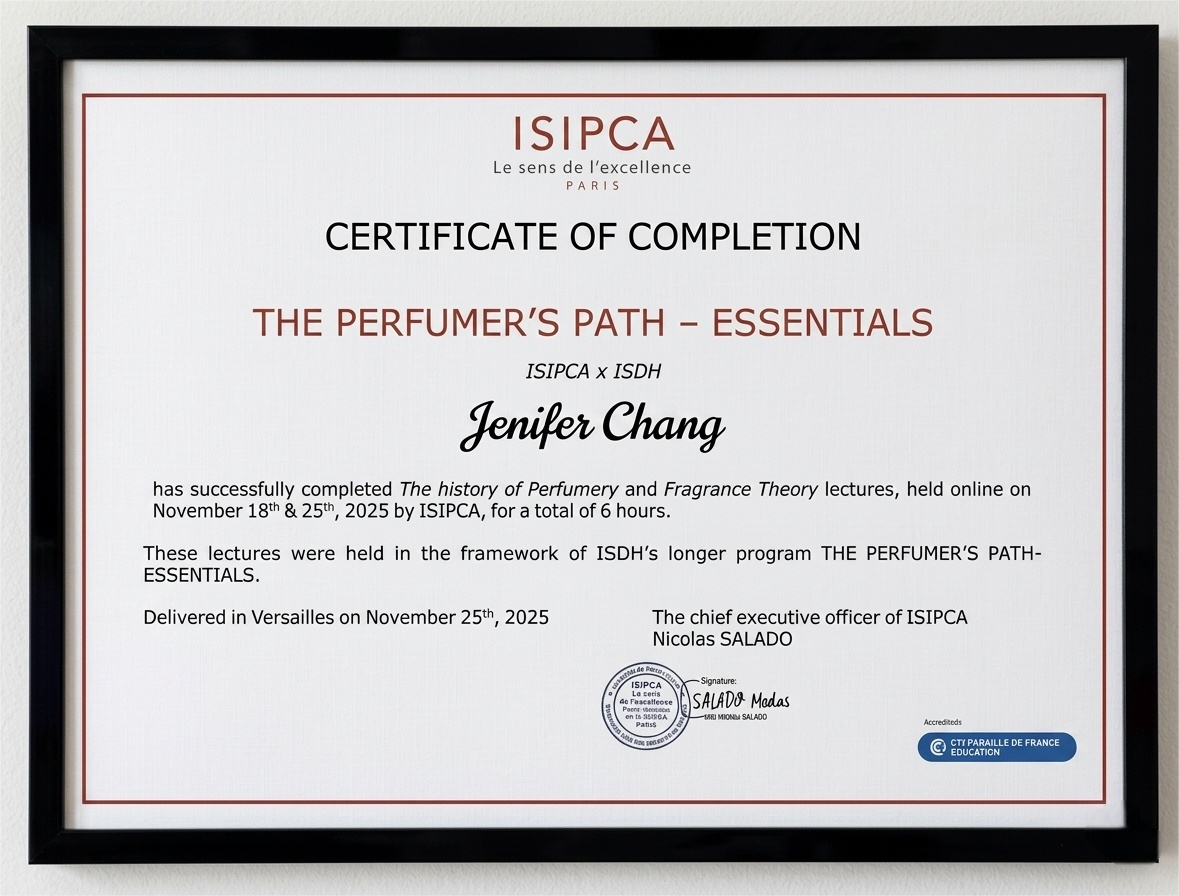 Certificate of Completion for The Perfumer's Path - Essentials, awarded to Jenifer Chang